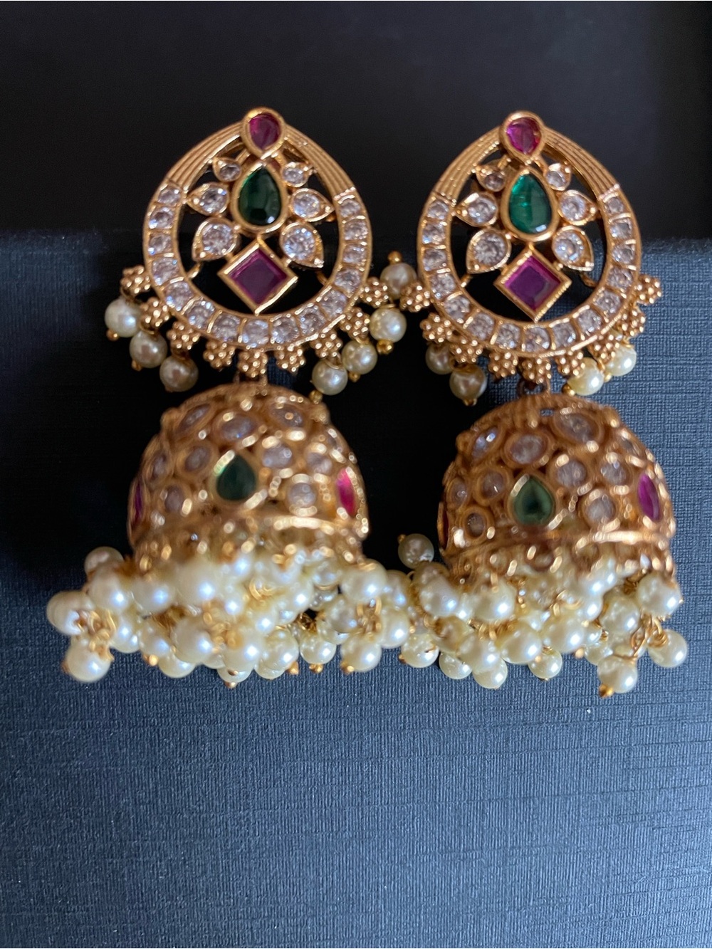 Gold-Tone Jhumka Earrings with Green and Pink Accents